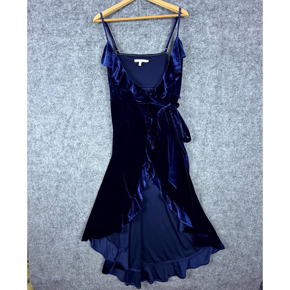 Avec Les Filles Velvet Wrap Dress Womens 8 Blue Stretch Ruffled Elegant Party